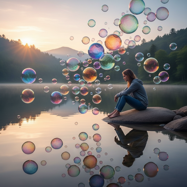 En person reflekterar över sina känslor vid en stilla sjö, med abstrakta emotionella former i luften som symboliserar självmedvetenhet och inre balans.