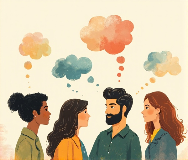 En bild som visar människor i samtal med tankebubblor som symboliserar självmedvetenhet, empati och relationshantering.