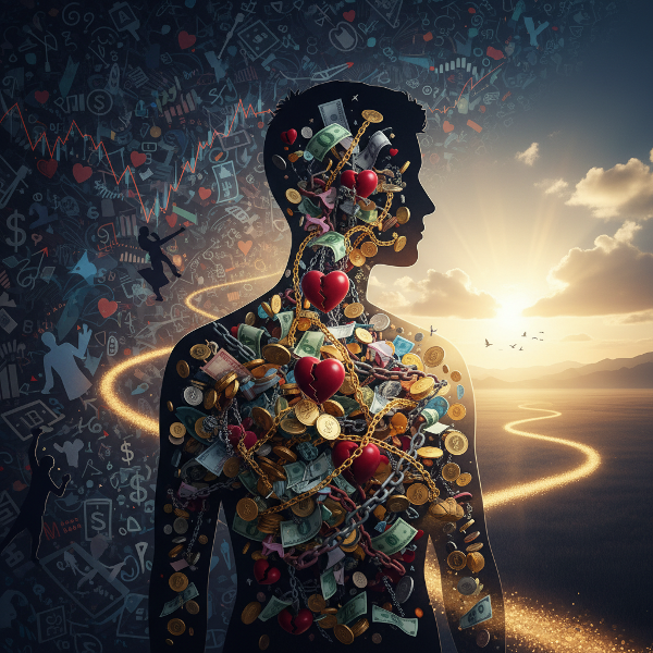 En silhuett av en person med genomskinlig kropp fylld av flytande mynt, sedlar och känslosymboler som visar pengars emotionella laddning och en väg mot ekonomisk frihet.