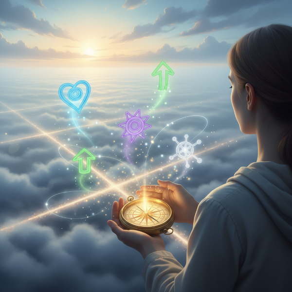 En person vid ett vägskäl i ett dimmigt landskap håller en kompass som lyser med inre ljus, medan symboler för värderingar svävar i luften.