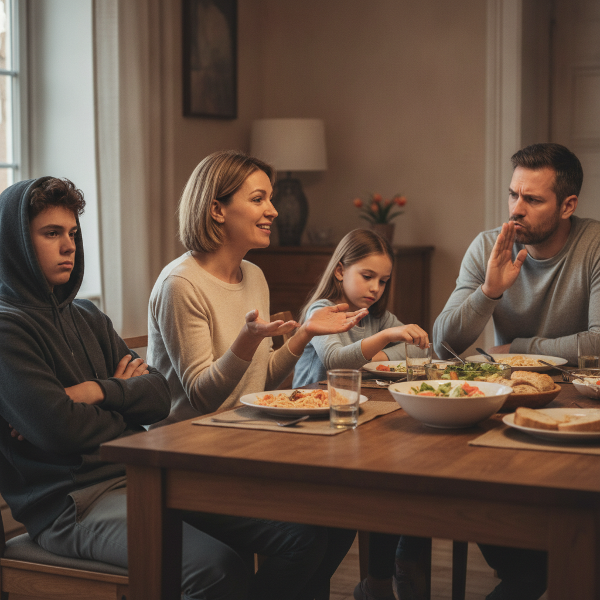 En familj som visar olika kommunikationsstilar runt ett bord