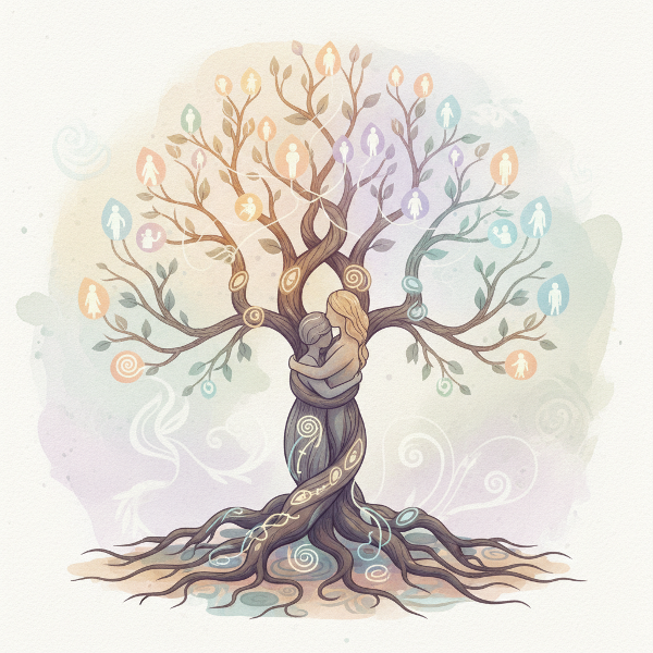 En symbolisk bild av ett släktträd med sammanflätade rötter och grenar som visar på generationers mönster och känslomässiga band.