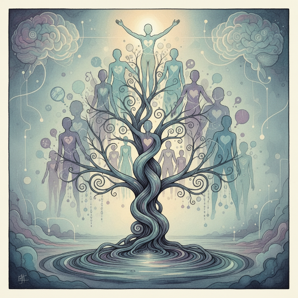 En symbolisk bild av ett släktträd där osynliga trådar förbinder generationer, och visar hur mönster och övertygelser går i arv genom genomskinliga, överlappande silhuetter.