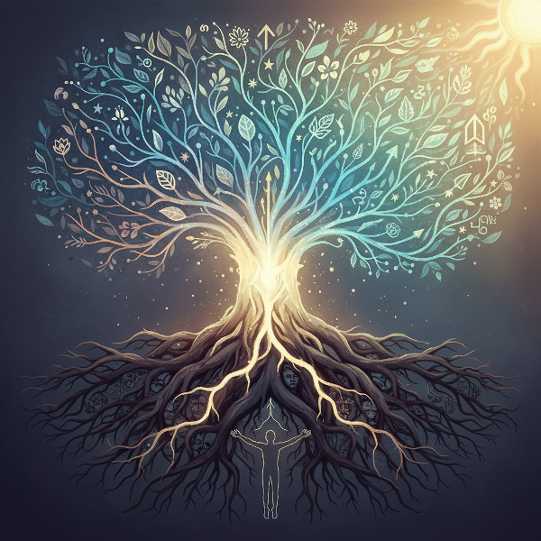 En symbolisk bild som visar hur familjerötter förvandlas till nervbanor, med ljus som bryter igenom mörka mönster för att representera psykologiskt arv och förändring.