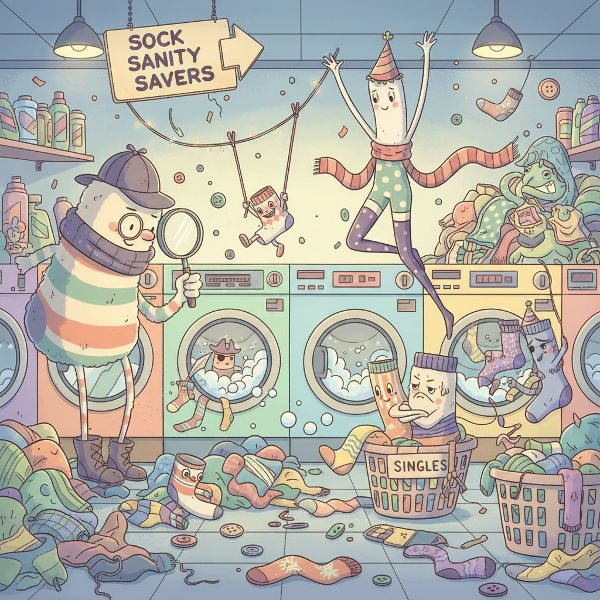 En färgglad och lekfull illustration av en tvättstuga där strumpor har personligheter, med en mystiskt försvunnen, en rebellisk ensamvarg och en på semester.