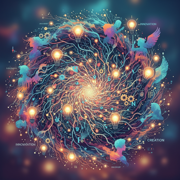 En abstrakt bild som visar en hjärnkarta med sammanlänkande idéer och kreativa arketyper i ett flöde av färger.