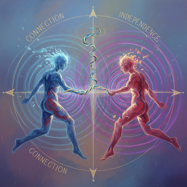 En abstrakt bild som visar spänningen mellan närhet och självständighet i relationer, med två figurer som både dras samman och hålls isär av magnetiska fält.