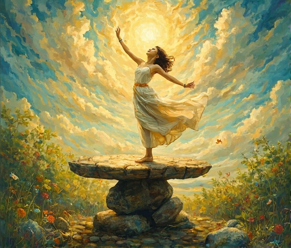 En lugn illustration med mänskliga silhuetter som förenas i en cirkel omgiven av natur, symboliserande känslomässig grund, psykologisk styrka och social samhörighet.
