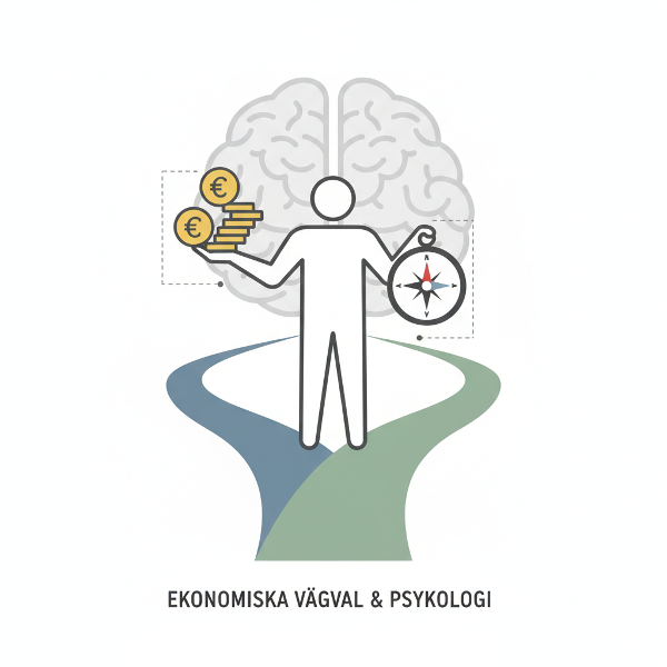 En person står vid en vägkorsning med mynt och en kompass, som representerar ekonomiska beslut och psykologiska mekanismer.