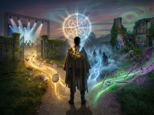 En person vid en vägskäl med flera symboliska stigar, en svävande kompass som avslöjar dolda inre mekanismer i ett surrealistiskt landskap.