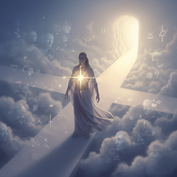 En person med en glödande kompass i bröstet står vid ett vägskäl, omgiven av dimma och brus, medan kompassen pekar mot en ljus väg.