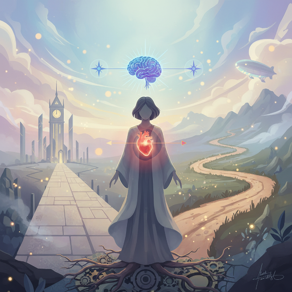 En person står vid en vägskäl mellan en säker och en äventyrlig väg, med hjärtat och hjärnan som ljus som visar vägen. En inre kompass med olika riktningar symboliserar livets val.