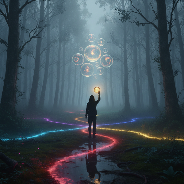 En person vid ett vägskäl i en dimmig skog, med en ljusstrålande kompass som symboliserar inre vägledning vid beslutsfattande.