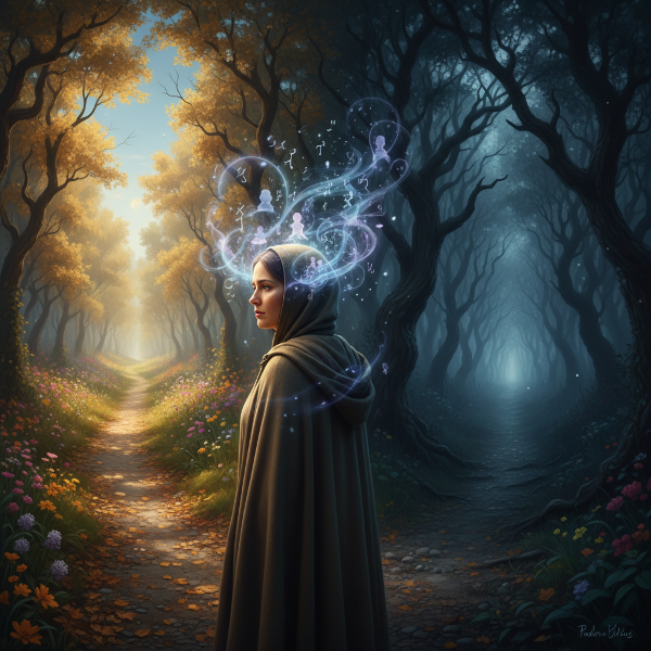 En person vid en vägskäl mellan ljus och skugga, med viskande tankar och osynliga mönster som avslöjar den inre dialogen.