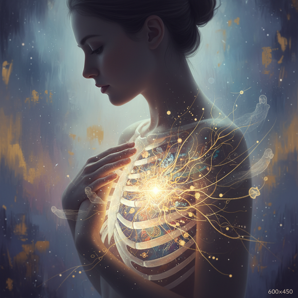 En person som tittar på en glödande, invecklad karta inuti sitt eget bröst, med svaga skuggfigurer och gyllene trådar som representerar inre mönster.
