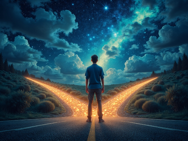 En person vid en vägskäl med två vägar som symboliserar inre och yttre motivation, omgiven av element som visar mål, fokus och personlig utveckling.