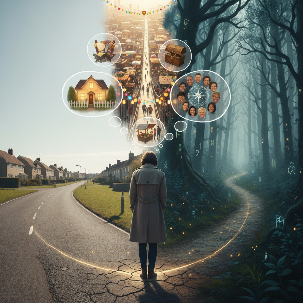 En person står vid ett vägskäl med tre olika vägar som symboliserar de inre systemen Bevararen, Utforskaren och Anpassaren.