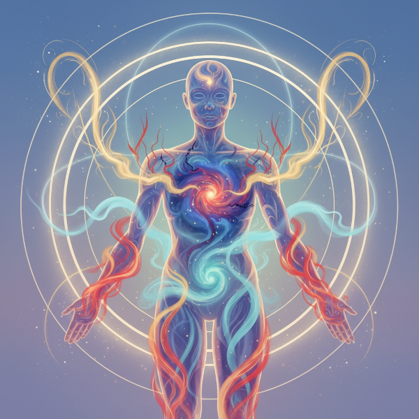 En abstrakt bild som visar osynliga energiflöden som förbinder en persons inre känslovärld med fysisk vitalitet, där ljusstrålar omvandlar stress till handling.