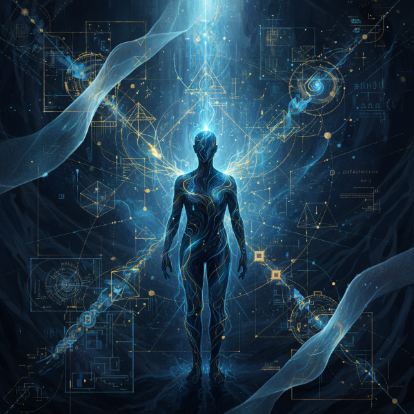 En abstrakt bild där osynliga mönster och dolda system blir synliga genom ett silhuettformat med glödande nätverk och genomskinliga lager.