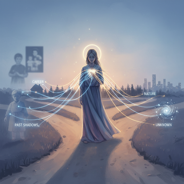 En person vid en vägskäl med synliga och osynliga trådar som förbinder hjärtat med skuggor från förr och framtida möjligheter.