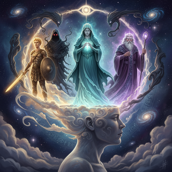 En mystisk bild där arketypiska gestalter som Hjälten, Skuggan, Modern och den Vise framträder ur en persons medvetande, med ett spel mellan ljus och mörker som symboliserar psykologisk integration.