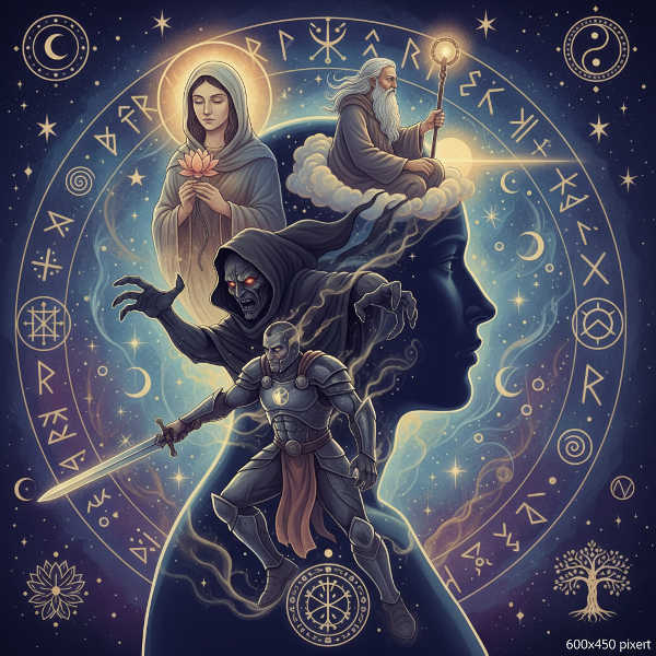 En mystisk illustration som visar olika jungianska arketyper som framträder ur en persons silhuett, omgiven av symboler och ett kosmiskt landskap.