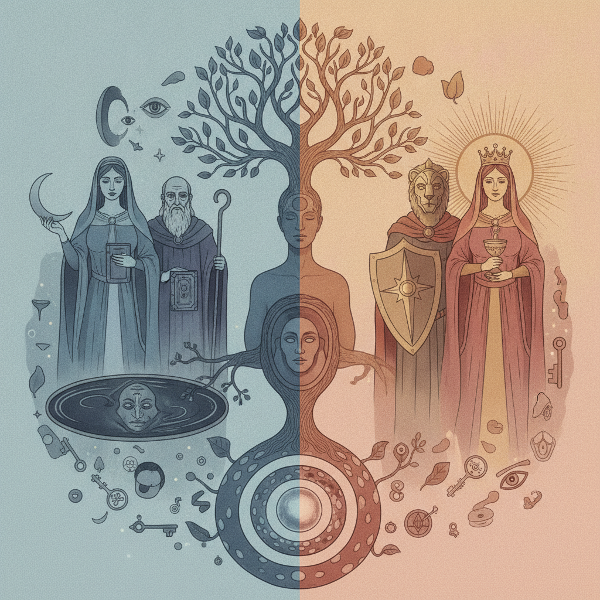 En surrealistisk bild som kombinerar Jungianska symboler som en hjältefigur, en vis gamling och en skugga, omgivna av mandala-liknande mönster och ljusstrålar, vilket speglar arketypernas inverkan på personligheten.