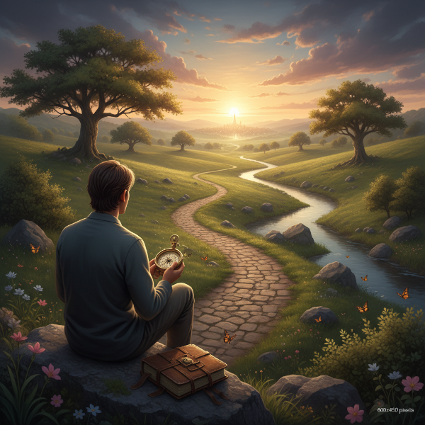 En bild som visar en person som reflekterar över en vägval och en kompass, vilket symboliserar sökandet efter mening och syfte i livet.