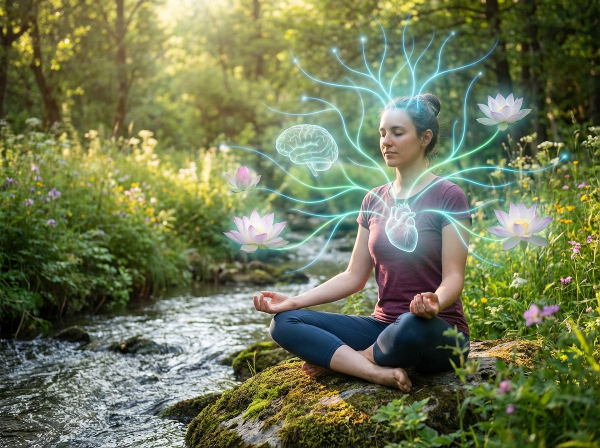 En person i meditation med energilinjer som förbinder huvud och hjärta med blommor och organ, vilket symboliserar kopplingen mellan psyke och kropp.