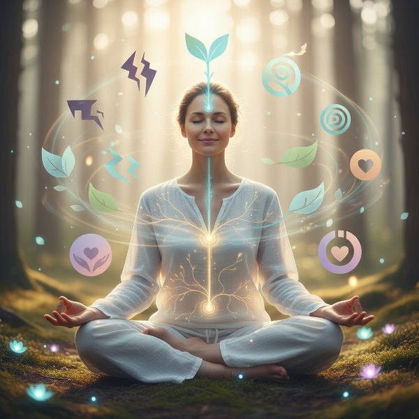 En person i meditation med energilinjer som förbinder sinnet och kroppen, omgiven av symboler för hälsa och självvård i lugnande färger.