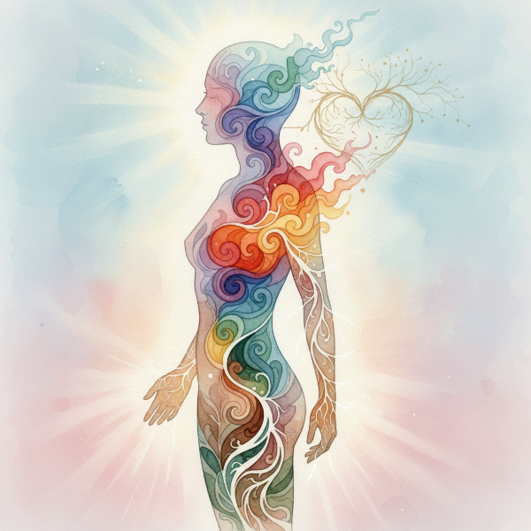 En abstrakt bild som visar hur känslor och tankar i sinnet övergår i fysiska sensationer i kroppen, med ett ljust och mjukt vattenfärgsutseende.