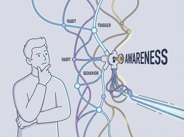En person som betraktar ett nätverk av vanor och beteenden, med en nyckel som symboliserar medvetenhet och förändring.