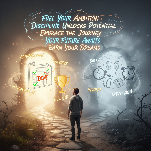 En person vid en vägskäl där en väg leder mot ett ljust, organiserat mål och en annan försvinner i dimma, vilket symboliserar valet mellan motivation och prokrastinering.