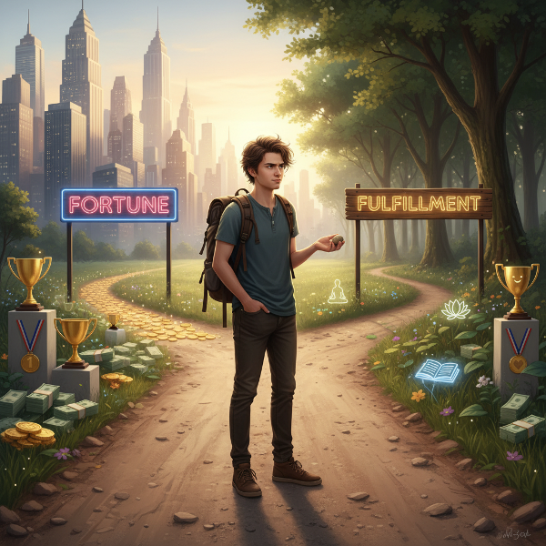 En person står vid ett vägskäl och väljer mellan externa belöningar och intern glädje, vilket illustrerar olika motivationskällor.