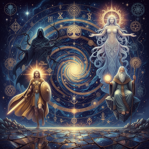 En mystisk symbolisk landskap som representerar det mänskliga psyket med arketypiska figurer som dyker upp ur virvlande mönster och uråldriga symboler.