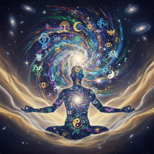 En mystisk bild som visar universella arketyper som virvlande kraftfält inom en mänsklig siluett, där kosmisk energi möter psykologisk symbolik i ett eteriskt ljus.