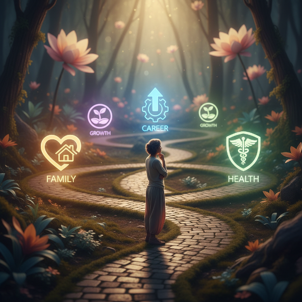 En person vid en vägskäl med flera stigar som leder mot ljusande symboler för kärnvärderingar, vilket illustrerar valet av livsriktning baserat på det som är viktigt.
