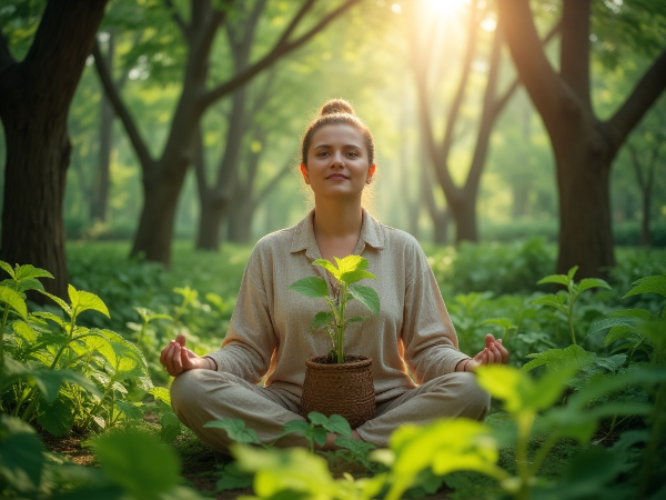 En person i djup meditation i en grönskande skog, omgiven av naturljus och en växt i händerna, som symboliserar kopplingen mellan mänskligt välbefinnande och planetens hälsa.