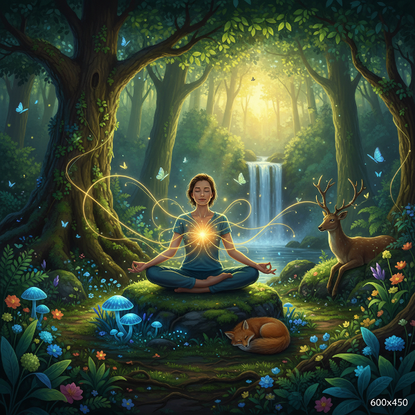 En person i djup meditation i en grönskande skog, omgiven av levande växter och djur, med en visuell koppling mellan personens hjärta och naturen som symboliserar ekologiskt medvetande och psykiskt välbefinnande.