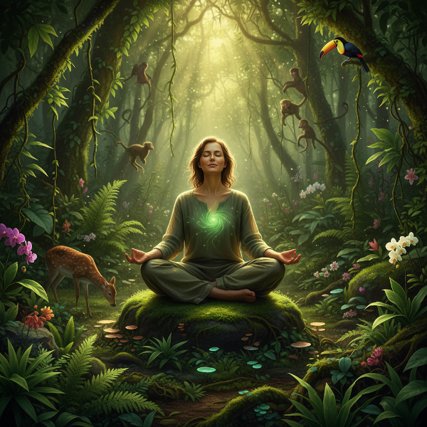 En person i harmonisk meditation i en grönskande skog, omgiven av växter och djur, som illustrerar läkande koppling mellan mänskligt välbefinnande och planetens hälsa.