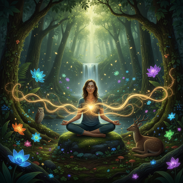 En person i harmonisk meditation i en grönskande skog, omgiven av växter och djur, med visuella energiförbindelser som symboliserar kopplingen mellan människa och natur.