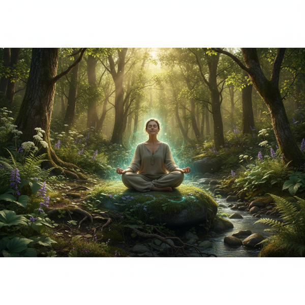 En person som mediterar i en grönskande skog, med solljus som strilar genom lövverket, vilket symboliserar kopplingen mellan mänskligt välbefinnande och planetens hälsa.