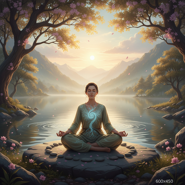 En lugn person mediterar i en fridfull naturmiljö, vilket symboliserar psykiskt välbefinnande och inre balans.