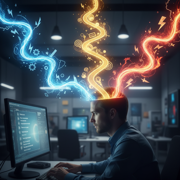 En person som svarar på frågor med tre olika personlighetsvägar som förgrenar sig från huvudet, vilket symboliserar de olika inriktningarna i testet.