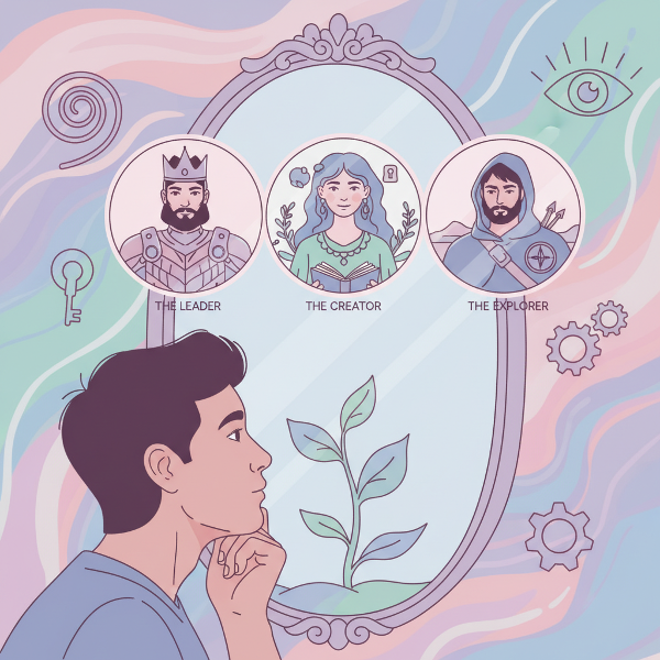 En person som reflekterar över tre olika personlighetstyper i en spegel, omgiven av symboler för självkännedom och tillväxt.