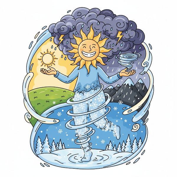 En person vars personlighet förvandlas till olika väderfenomen - solsken, storm och snö - i en munter illustration.