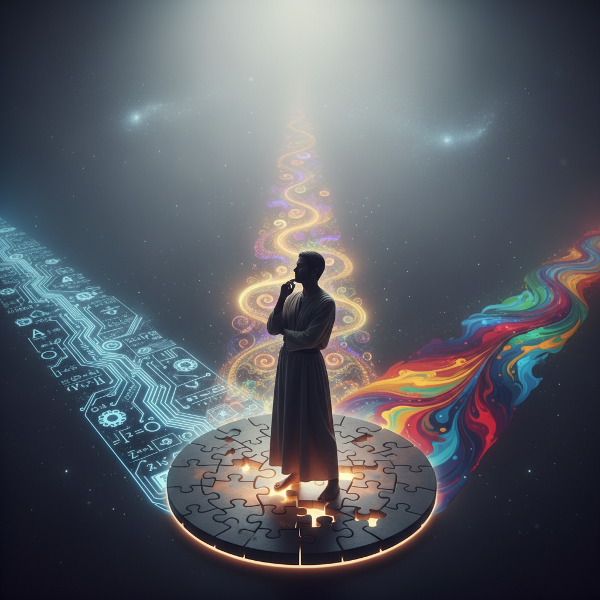 En bild som visar en person vid ett vägskäl med tre olika vägar som representerar logik, intuition och känslor, vilket illustrerar de psykologiska byggstenarna för beslutsfattande.