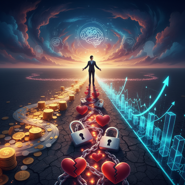 En bild som visar en person vid ett vägskäl där vägarna är gjorda av mynt, diagram och känslosymboler, vilket symboliserar det psykologiska resan i ekonomiskt beslutsfattande.