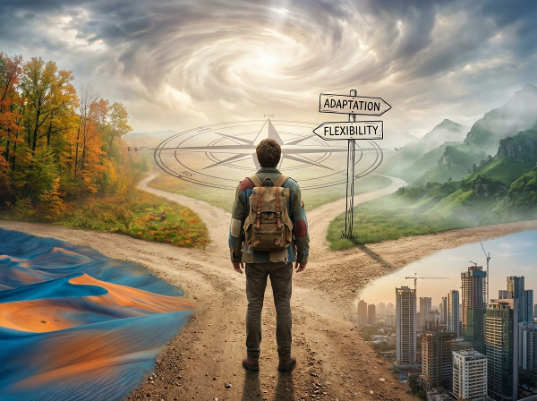 En person vid en vägskäl med flera vägar som leder in i ett föränderligt landskap, vilket symboliserar psykologisk flexibilitet och anpassningsförmåga.