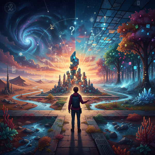 En person vid ett vägskäl med flera stigar som leder in i ett levande, föränderligt landskap, vilket symboliserar psykologisk flexibilitet och anpassning till livets förändringar och utmaningar.